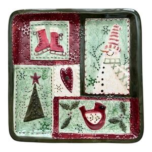 CRACKER BARREL Christmas Ceramic 10” Quilt Square Holiday Serving Plate Platter